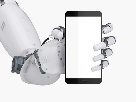3d rendering robot hand holding blank screen mobile phone isolated on whiteの写真素材
