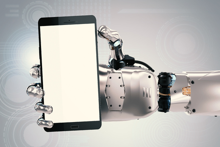 3d rendering robot hand holding blank screen mobile phone isolated on whiteの写真素材