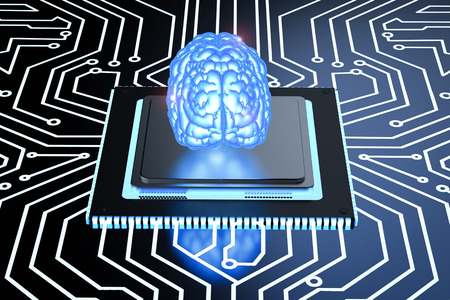 3d rendering shiny blue brain on circuit board