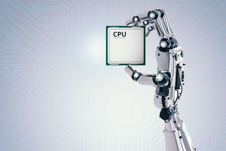 3d rendering robot hand holding cpu chip or microchipの写真素材
