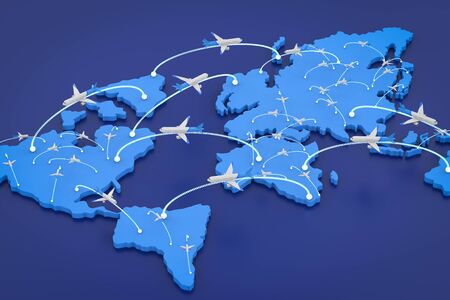3d rendering flight route with world map