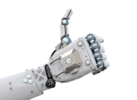 3d rendering robot hand thumb up on white backgroundの写真素材