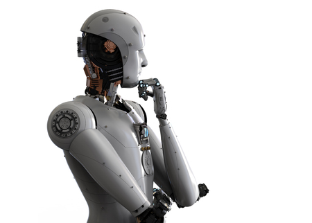 3d rendering android robot thinking on white backgroundの写真素材