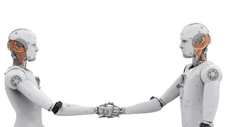 3d rendering android robot hand shaking on white backgroundの写真素材