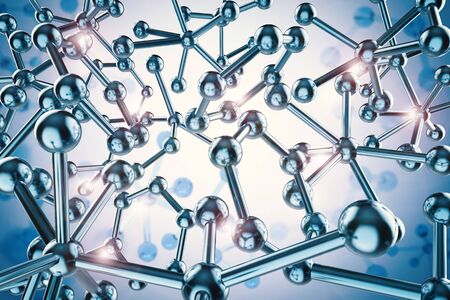 3d rendering blue metal molecule structure on blue backgroundの写真素材