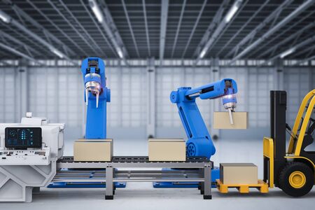 3d rendering robot arms working with cardboard boxes and forklift truck