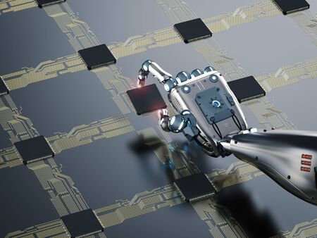 3d rendering cyborg hand working with cpu