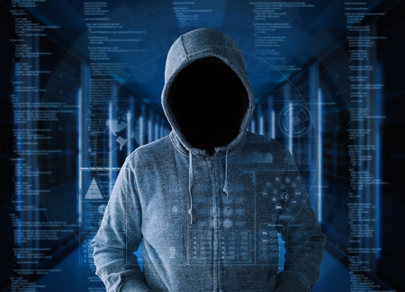 3d rendering empty face hacker in server room