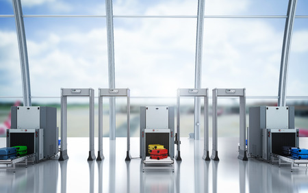 3d rendering airport security checkpoint with scanner machines are scanning luggagesの写真素材