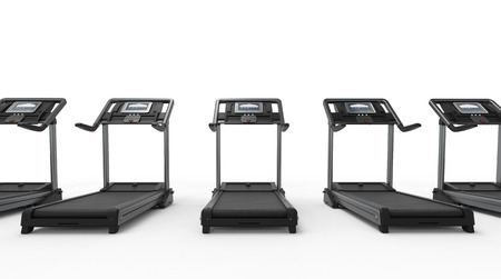 3d rendering treadmills or running machines in a row on white backgroundの写真素材