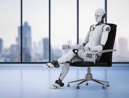 3d rendering humanoid robot sit on office chairの写真素材