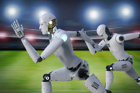 3d rendering robot running on racecourse in stadiumの写真素材