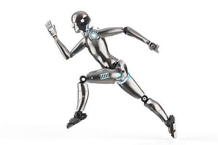 3d rendering humanoid robot running on white backgroundの写真素材