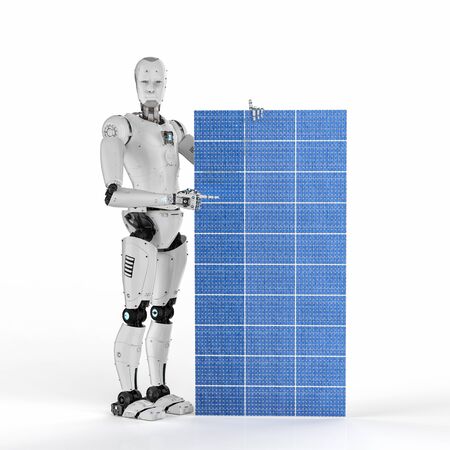 3d rendering humanoid robot with solar panel on white backgroundの写真素材