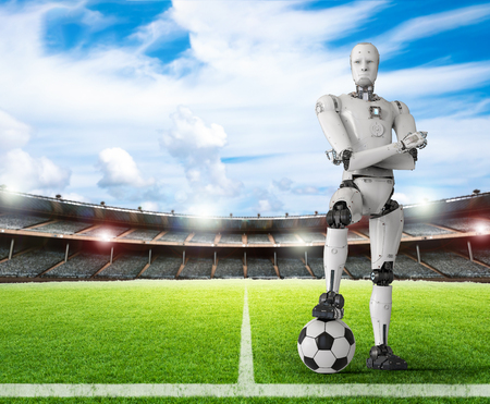 3d rendering humanoid robot with soccer ballの写真素材
