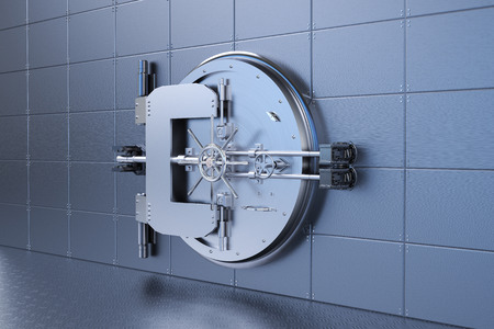 3d rendering metal bank vault on steel wallの写真素材