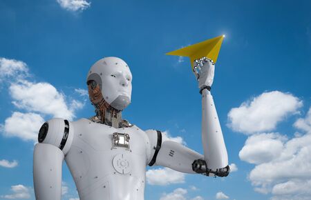 3d rendering humanoid robot holding paper planeの写真素材