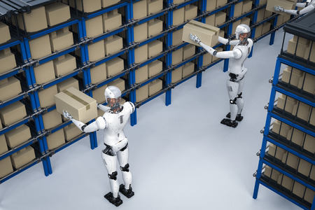 3d rendering humanoid robots carry boxes in warehouse
