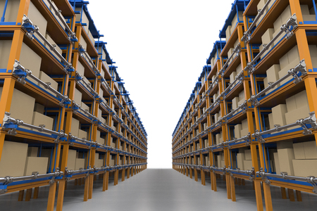 3d rendering racks full of carton boxes in warehouseの写真素材