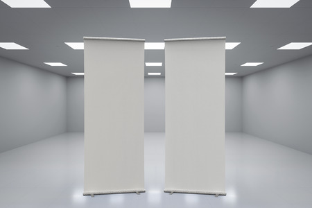 3d rendering empty roll up banner with office background