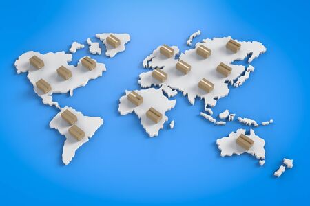 3d rendering carton boxes on world mapの写真素材