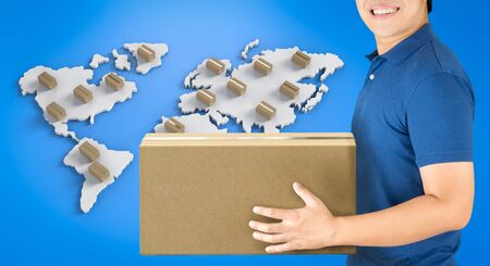 3d rendering delivery man with box on world map