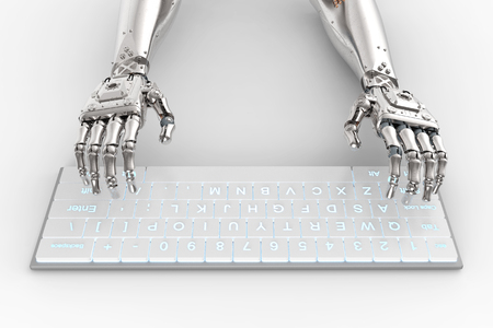 3d rendering robot hand working with computer keyboardの写真素材