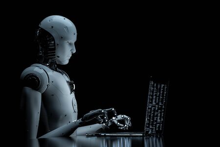 3d rendering humsnoid robot working on glass laptop