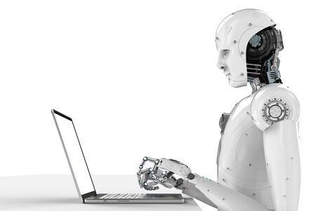 3d rendering humanoid robot working on laptop computerの写真素材