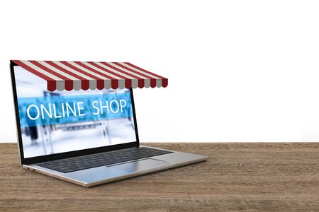 online shopping concept with 3d rendering computer notebook and awningの写真素材