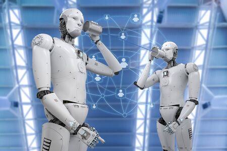 communication technology concept with 3d rendering robot holding tin can phone