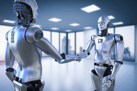 3d rendering humanoid robot hand shaking with another の写真素材