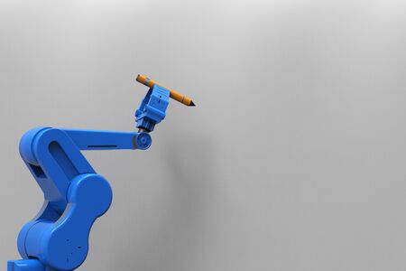 3d rendering robot arm holding pen with blank wallの写真素材