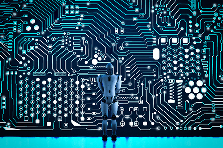 3d rendering humanoid robot with circuit backgroundの写真素材