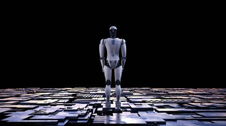 3d rendering robot with metallic floor on black backgroundの写真素材