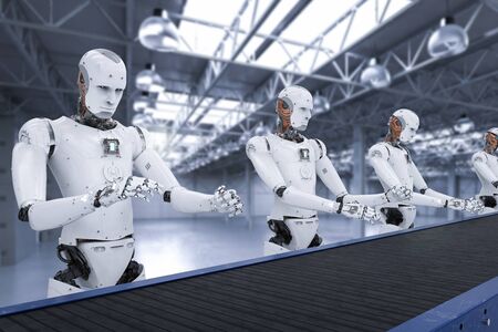 3d rendering android robot assembly line with conveyor lineの写真素材