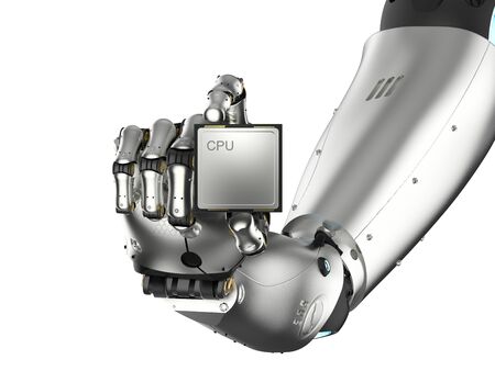 3d rendering cyborg hand holding cpu chip isolatedの写真素材