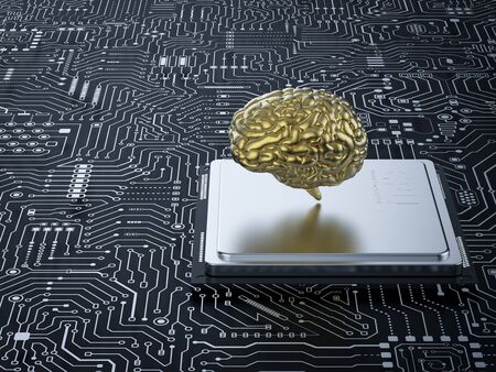 3d rendering ai brain with cpu on mainboard