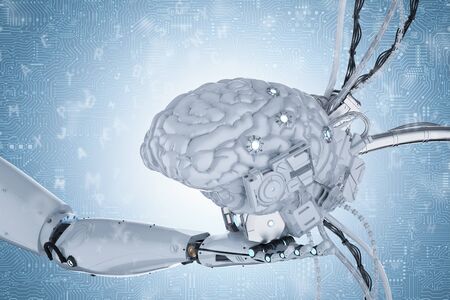 3d rendering robot hand holding artificial intelligence brainの写真素材