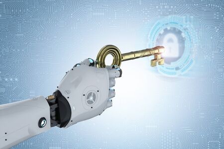 3d rendering robot hand holding golden key for unlock