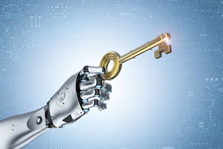 3d rendering robot hand holding golden key for unlockの写真素材