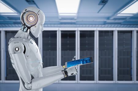 3d rendering humanoid robot working with digital tabletの写真素材