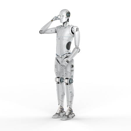3d rendering humanoid robot thinking or computing on white background
の写真素材
