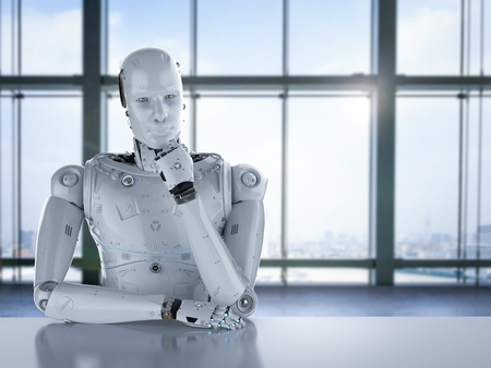 3d rendering humanoid robot thinking on office backgroundの写真素材