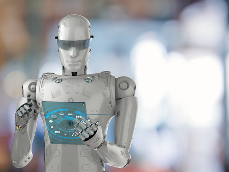 3d rendering humanoid robot working with digital tabletの写真素材