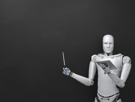 3d rendering cyborg teacher teaching with empty blackboardの写真素材