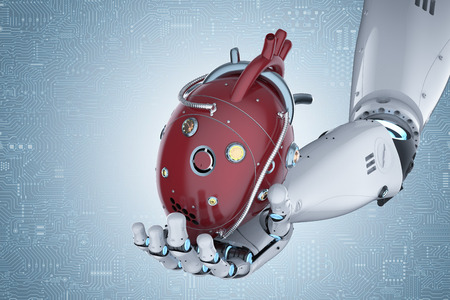 3d rendering robot hand holding red robotic heart on blue backgroundの写真素材