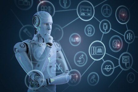 Medical technology concept with 3d rendering ai robot working with medical hud interface 