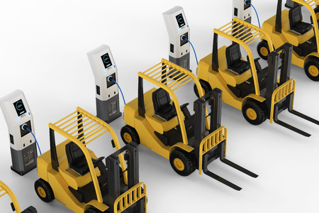 3d rendering forklift trucks charge with electric charging stationの写真素材