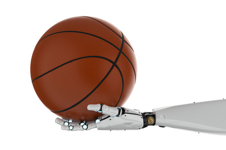 3d rendering robotic hand holding basketball on white backgroundの写真素材